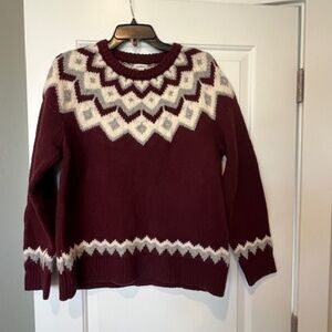NWT LL Bean Burgundy Lambswool Nordic Fair Isle Sweater Sz L Cozy Cabin Chic